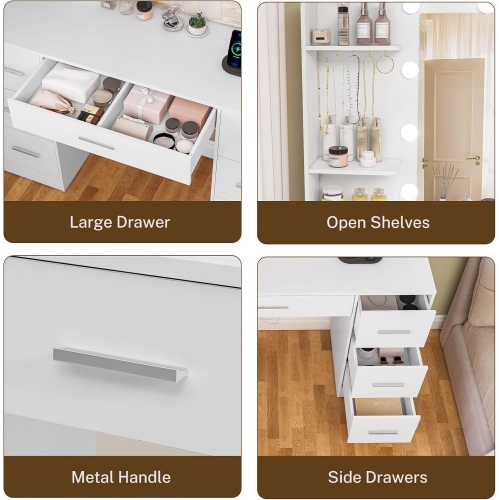 Large Makeup Vanity, 39.4"" Vanity Desk with Mirror and Lights, Makeup Vanity Table with 7 Drawers, 4 Shelves, 5 Jewel Hooks & Power Strip, Vanity