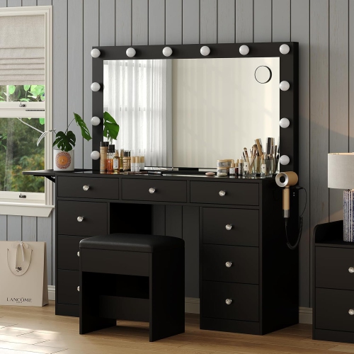 Vanity Desk with Power Outlet, 9 Drawers Makeup Vanity with Mirror and 12 LED Lights, 3 Lighting Modes, Glass Top Vanity Set, Fold-up Panel, Dressing