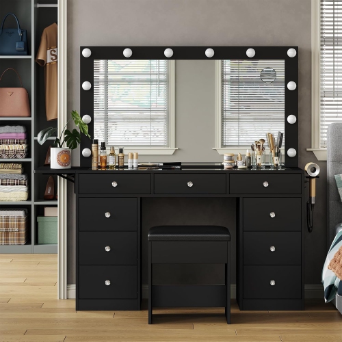 Vanity Desk with Power Outlet, 9 Drawers Makeup Vanity with Mirror and 12 LED Lights, 3 Lighting Modes, Glass Top Vanity Set, Fold-up Panel, Dressing