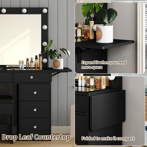 Vanity Desk with Power Outlet, 9 Drawers Makeup Vanity with Mirror and 12 LED Lights, 3 Lighting Modes, Glass Top Vanity Set, Fold-up Panel, Dressing