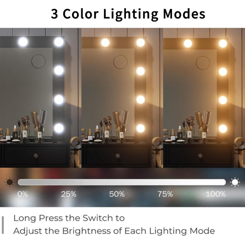 Vanity Desk with Power Outlet, 9 Drawers Makeup Vanity with Mirror and 12 LED Lights, 3 Lighting Modes, Glass Top Vanity Set, Fold-up Panel, Dressing