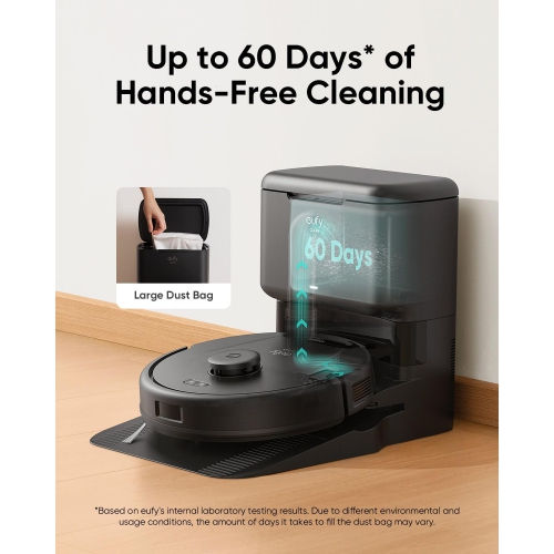 Aspirateur robot L60 d'eufy avec station de vidage automatique, technologie de démêlage des cheveux, nettoyage mains libres jusqu'à 60 jours,