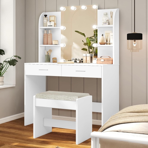 PRISMI  Vanity Desk \w Mirror & Lights, Makeup Vanity Table \w 2 Large Drawers, 6 Storage Shelves & Stool, Bedroom Dressing Vanity Table \w 3 Color