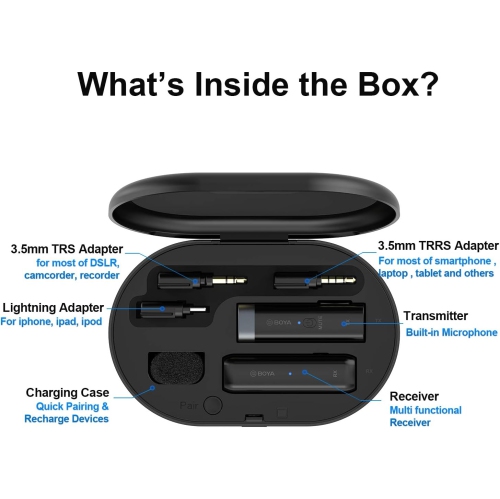 BOYA Microphone BY-WM3D, 2.4GHz Wireless Microphone Included with Lightning, 3.5mm TRS & TRRS adapters