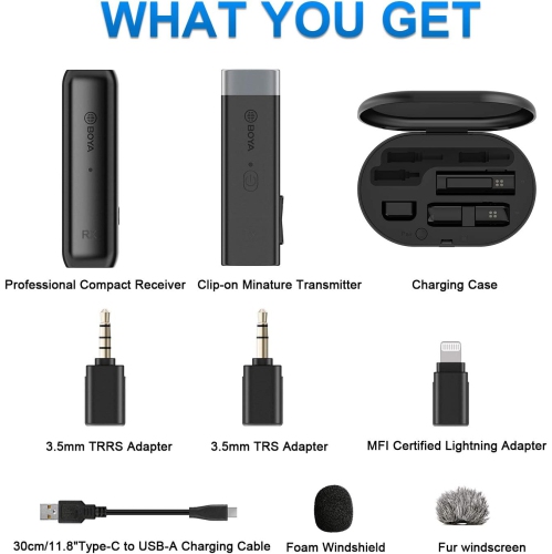 BOYA Microphone BY-WM3D, 2.4GHz Wireless Microphone Included with Lightning, 3.5mm TRS & TRRS adapters