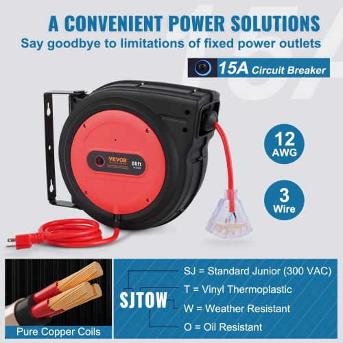 Enrouleur de rallonge rétractable de 80 pi VEVOR, cordon d'alimentation robuste 12AWG/3 SJTOW avec prise triple éclairée, disjoncteur 15&nbsp;A,