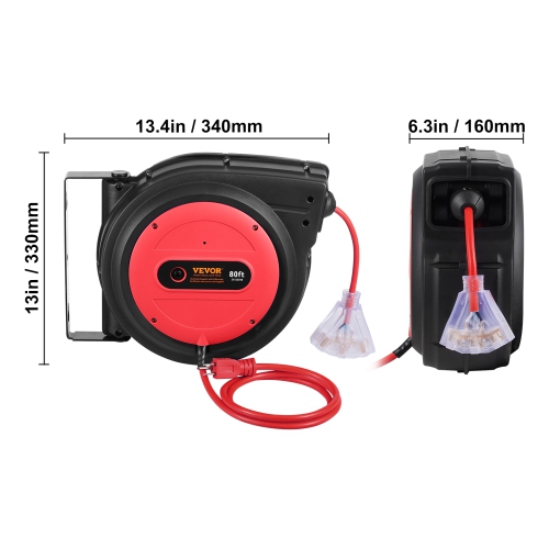 Enrouleur de rallonge rétractable de 80 pi VEVOR, cordon d'alimentation robuste 12AWG/3 SJTOW avec prise triple éclairée, disjoncteur 15&nbsp;A,