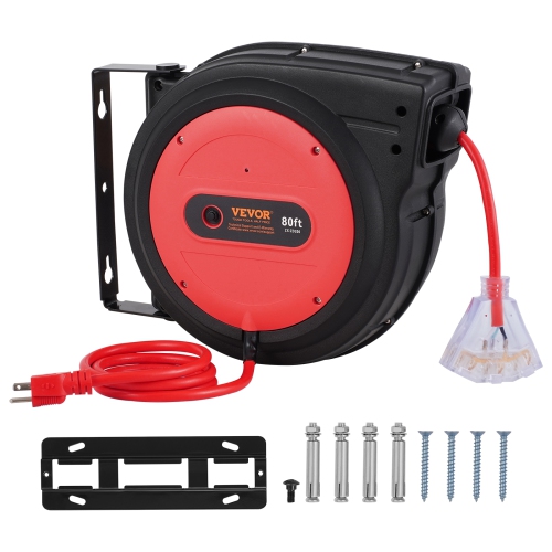 Enrouleur de rallonge rétractable de 80 pi VEVOR, cordon d'alimentation robuste 12AWG/3 SJTOW avec prise triple éclairée, disjoncteur 15&nbsp;A,