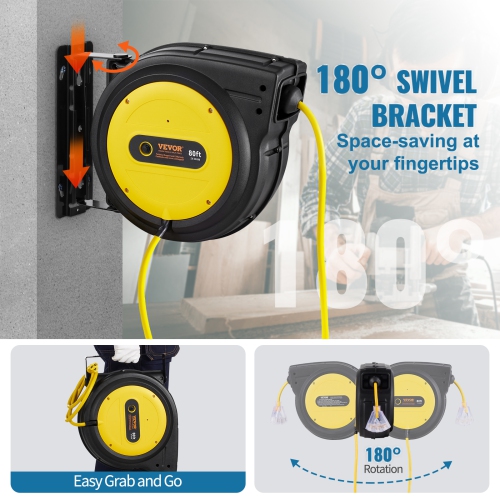 Enrouleur de rallonge rétractable de 80 pi VEVOR, cordon d'alimentation robuste 12AWG/3 SJTOW avec prise triple éclairée, disjoncteur 15&nbsp;A,