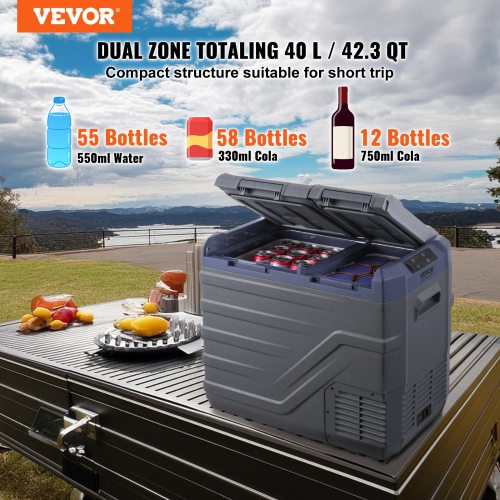 VEVOR Car Refrigerator, 12 Volt Car Refrigerator Fridge, 40 L Dual Zone Portable Freezer, -4℉-68℉ Adjustable Range, 12/24V DC and 100-240V AC