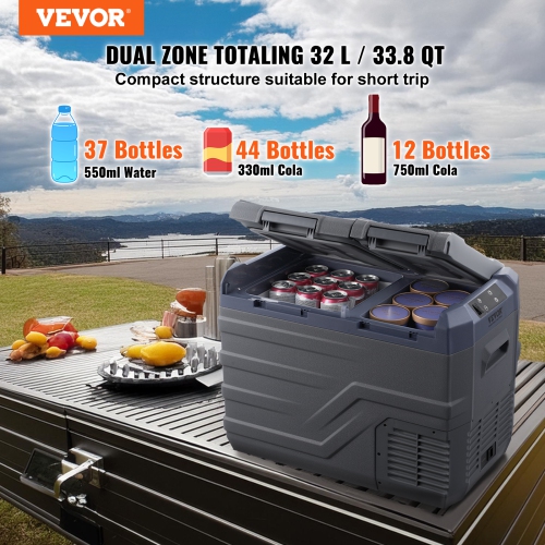 VEVOR Car Refrigerator, 12 Volt Car Refrigerator Fridge, 32 L Dual Zone Portable Freezer, -4℉-68℉ Adjustable Range, 12/24V DC and 100-240V AC
