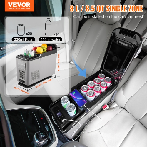 VEVOR Car Refrigerator, 12 Volt Car Armrest Refrigerator Fridge, 15 L Single Zone Portable Freezer, -4℉-68℉ Adjustable Range, 12/24V DC and 100-240V