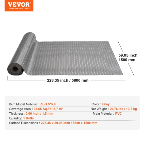 VEVOR Garage Floor Mat, 228.35 x 59.05 inch PVC Garage Flooring Roll, Non-slip Diamond Texture, 93.65 sq.ft Covering Space, Garage Mats for Under