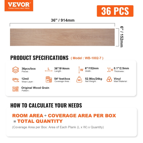VEVOR 36 Tiles 2.5mm Thick Self Adhesive Vinyl Floor Tiles, 36 x 6 inch Peel & Stick, Natural Wood Grain DIY Flooring