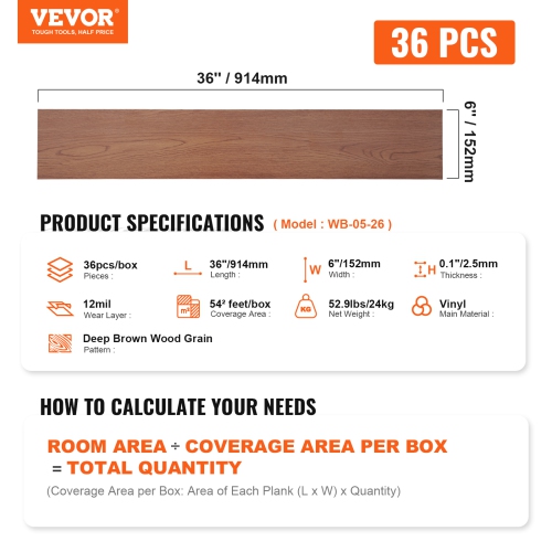 VEVOR 36 Tiles 2.5mm Thick Self Adhesive Vinyl Floor Tiles, 36 x 6 inch Peel & Stick, Deep Brown Wood Grain DIY Flooring