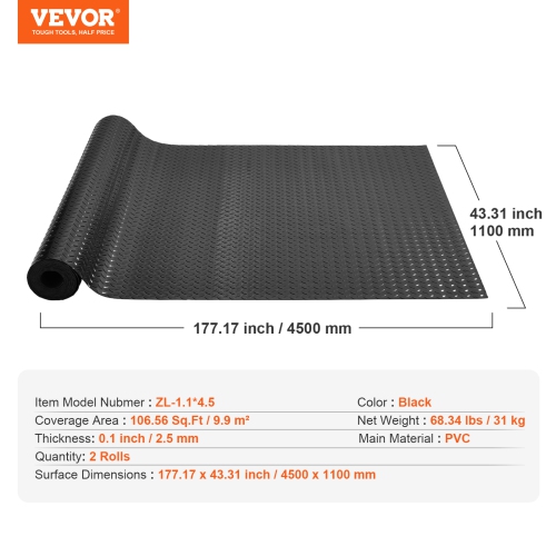VEVOR Garage Floor Mat, 177.17 x 43.31 inch PVC Garage Flooring Roll, Non-slip Diamond Texture, 106.56 sq.ft Covering Space, Garage Mats for Under