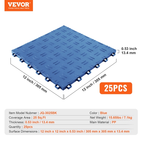 VEVOR 25 Pack Garage Tiles Interlocking, 12 x 12 x 0.53 inch Garage Floor Covering Tiles, Non-Slip Double-Sided Texture Garage Flooring Tiles, Blue
