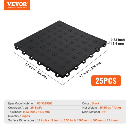 VEVOR 25 Pack Garage Tiles Interlocking, 12 x 12 x 0.53 inch Garage Floor Covering Tiles, Non-Slip Double-Sided Texture Garage Flooring Tiles, Black