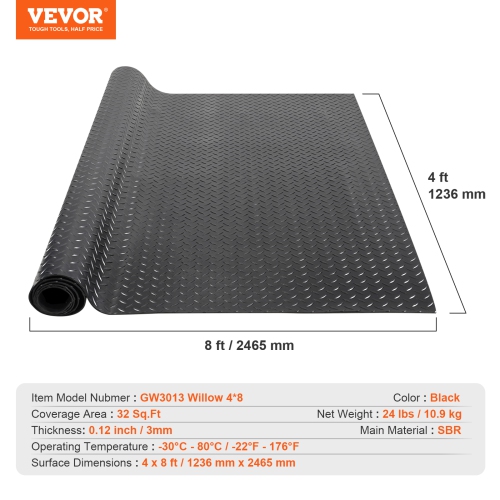 VEVOR Diamond-Plate Rubber Flooring Roll, 3 mm x 4 ft x 8 ft Garage Floor Mat, SBR Rubber Garage Flooring Roll, Easy to Clean, Diamond Plate Rubber