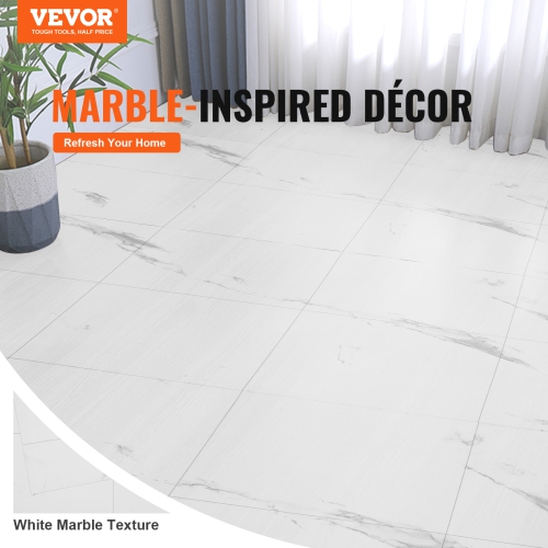 VEVOR 1.5mm Thick Self Adhesive Vinyl Floor Tiles, 390 x 23.6 inch Peel & Stick, White Marble Texture DIY Flooring
