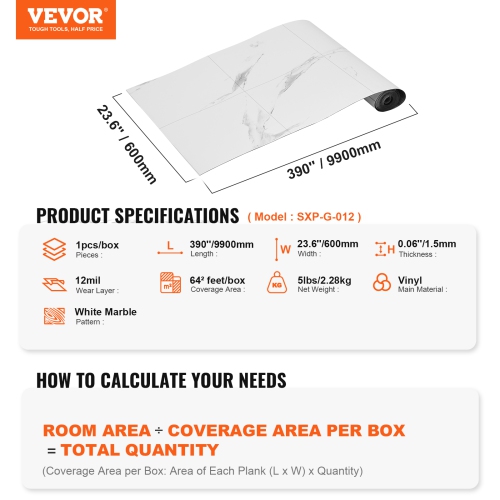 VEVOR 1.5mm Thick Self Adhesive Vinyl Floor Tiles, 390 x 23.6 inch Peel & Stick, White Marble Texture DIY Flooring