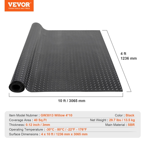 VEVOR Diamond-Plate Rubber Flooring Roll, 3 mm x 4 ft x 10 ft Garage Floor Mat, SBR Rubber Garage Flooring Roll, Easy to Clean, Diamond Plate Rubber