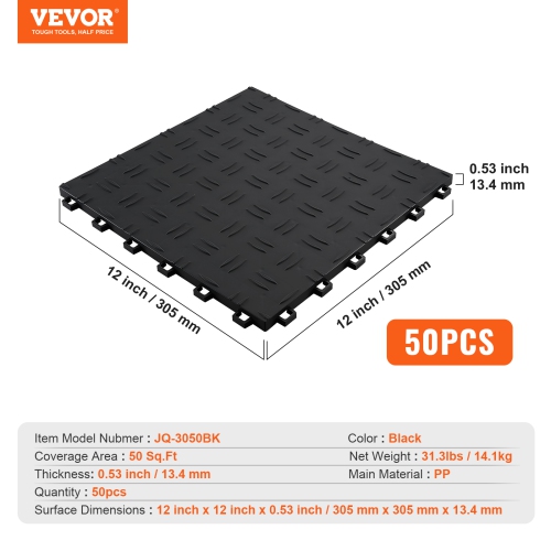 VEVOR 50 Pack Garage Tiles Interlocking, 12 x 12 x 0.53 inch Garage Floor Covering Tiles, Non-Slip Double-Sided Texture Garage Flooring Tiles, Black