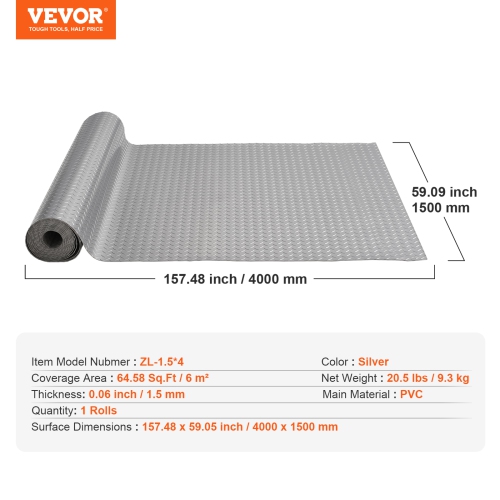 VEVOR Garage Floor Mat, 157.48 x 59.05 inch PVC Garage Flooring Roll, Non-slip Diamond Texture, 64.58 sq.ft Covering Space, Garage Mats for Under