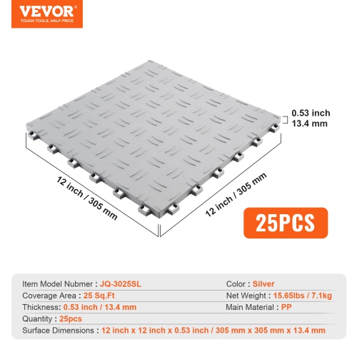 Ensemble de 25 tuiles de garage à emboîtement VEVOR, 12 x 12 x 0.53&nbsp;po, tuiles de plancher de garage texturées antidérapantes à deux côtés,