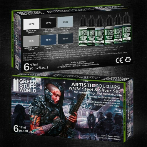 Green Stuff World Paint Set - NMM Steel and Silver New