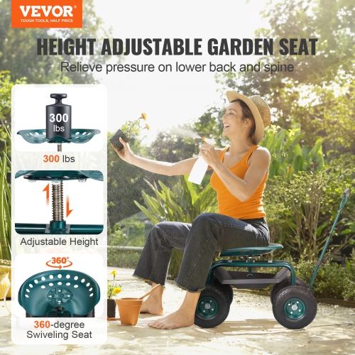 VEVOR Garden Cart Rolling Green, Gardening Stool for Planting, 360 Degree Swivel Seat, Wagon Scooter with Steering Handle & Utility Tool Tray