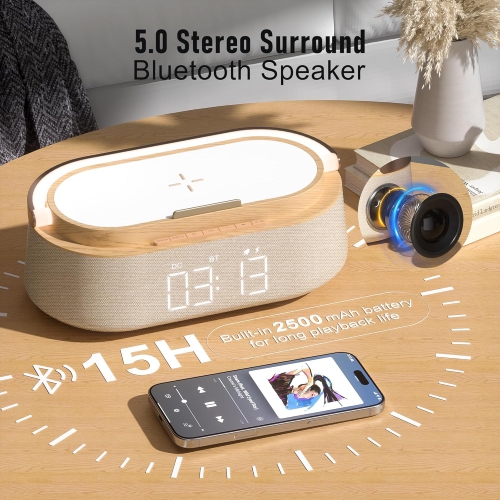 Bluetooth Speaker with Wireless Charger,FM Radio,Adjustable LED Night Light,Dual Wireless Speakers,Portable Bluetooth Speaker for Home Office-Wooden