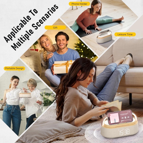 Bluetooth Speaker with Wireless Charger,FM Radio,Adjustable LED Night Light,Dual Wireless Speakers,Portable Bluetooth Speaker for Home Office-Wooden