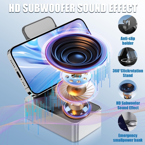 Wireless Bluetooth Speaker,Cell Phone Stand with Bluetooth Speaker,HD Surround Sound & Led Color Light, Compatible with iPhone Android-Gray