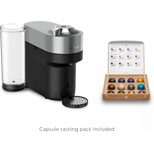 Machine à café et à espresso Nespresso Vertuo Pop+ Deluxe par Breville avec moussoir à lait Aeroccino, titane