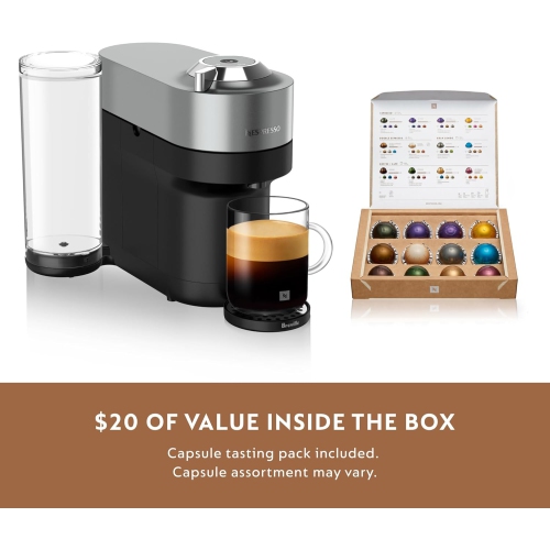 Machine à café et à espresso Nespresso Vertuo Pop+ Deluxe par Breville avec moussoir à lait Aeroccino, titane