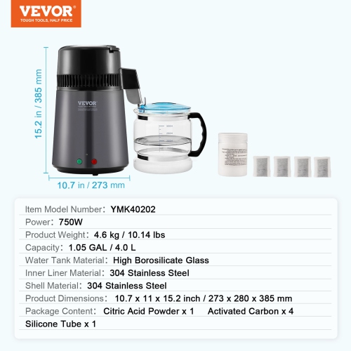 Distributeur d'eau VEVOR, filtre de purificateur d'eau pure de 1,05 gallons 4 L pour comptoir d'accueil, machine à eau distillée 750 W,