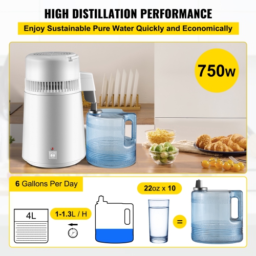 VEVOR 750W Water Distiller, Filtration System with Handle, 1.1 Gal/4L, BPA-Free Jug, Ideal for Domestic Use, White