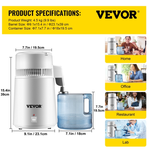 VEVOR 750W Water Distiller, Filtration System with Handle, 1.1 Gal/4L, BPA-Free Jug, Ideal for Domestic Use, White