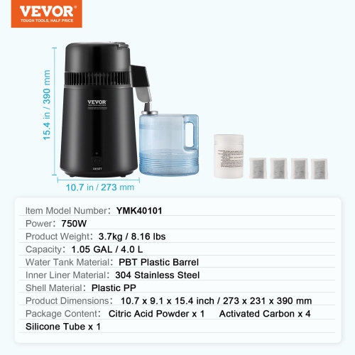 Distributeur d'eau VEVOR, filtre de purificateur d'eau pure de 1,05 gallons 4 L pour comptoir d'accueil, machine à eau distillée 750 W,