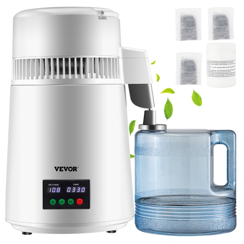 VEVOR 750W 1.1Gal 0.3Gal/H Water Distiller, 0-99H Timing Set Temp Display, 304 Stainless Steel Countertop Distiller Glass Carafe Cleaning Powder 3