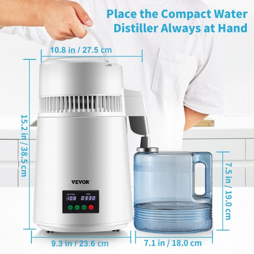 VEVOR 750W 1.1Gal 0.3Gal/H Water Distiller, 0-99H Timing Set Temp Display, 304 Stainless Steel Countertop Distiller Glass Carafe Cleaning Powder 3
