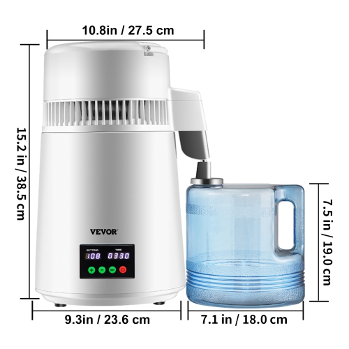 VEVOR 750W 1.1Gal 0.3Gal/H Water Distiller, 0-99H Timing Set Temp Display, 304 Stainless Steel Countertop Distiller Glass Carafe Cleaning Powder 3