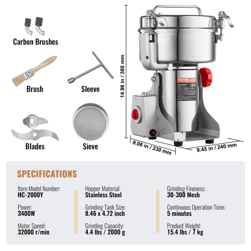 VEVOR 2000g Electric Grain Mill Grinder, High Speed 3400W Commercial Spice Grinders, Stainless Steel Pulverizer Powder Machine, for Dry Grains Spices