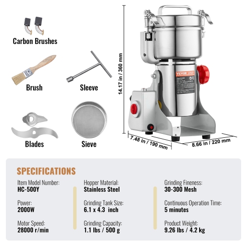 VEVOR 500g Electric Grain Mill Grinder, High Speed 2000W Commercial Spice Grinders, Stainless Steel Pulverizer Powder Machine, for Dry Grains Spices