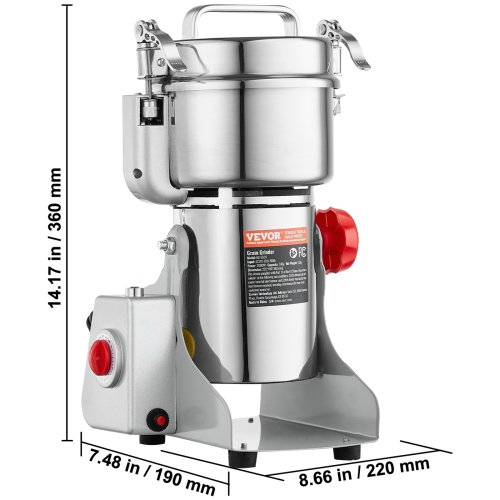 VEVOR 500g Electric Grain Mill Grinder, High Speed 2000W Commercial Spice Grinders, Stainless Steel Pulverizer Powder Machine, for Dry Grains Spices