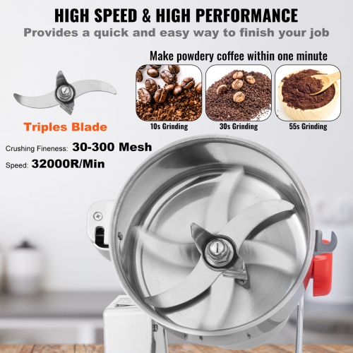 VEVOR 2500g Electric Grain Mill Grinder, High Speed 3400W Commercial Spice Grinders, Stainless Steel Pulverizer Powder Machine, for Dry Grains Spices