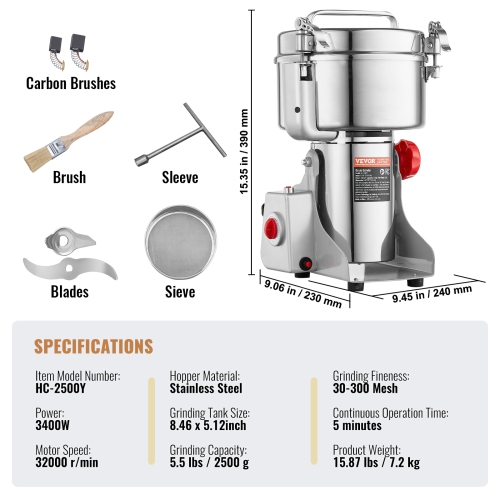 VEVOR 2500g Electric Grain Mill Grinder, High Speed 3400W Commercial Spice Grinders, Stainless Steel Pulverizer Powder Machine, for Dry Grains Spices