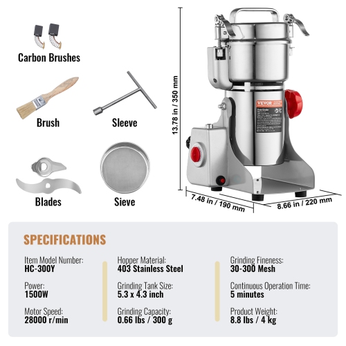 VEVOR 300g Electric Grain Mill Grinder, High Speed 1500W Commercial Spice Grinders, Stainless Steel Pulverizer Powder Machine, for Dry Grains Spices