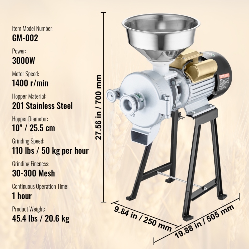 VEVOR Electric Grain Mill Grinder, 3000W Spice Grinders, Commercial Corn Mill with Funnel, Thickness Adjustable Powder Machine, Heavy Duty Feed Flour